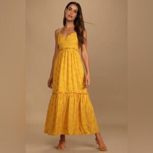 Lulus Charm and Charisma Burnout Floral Midi Dress in Mustard Yellow XL‎